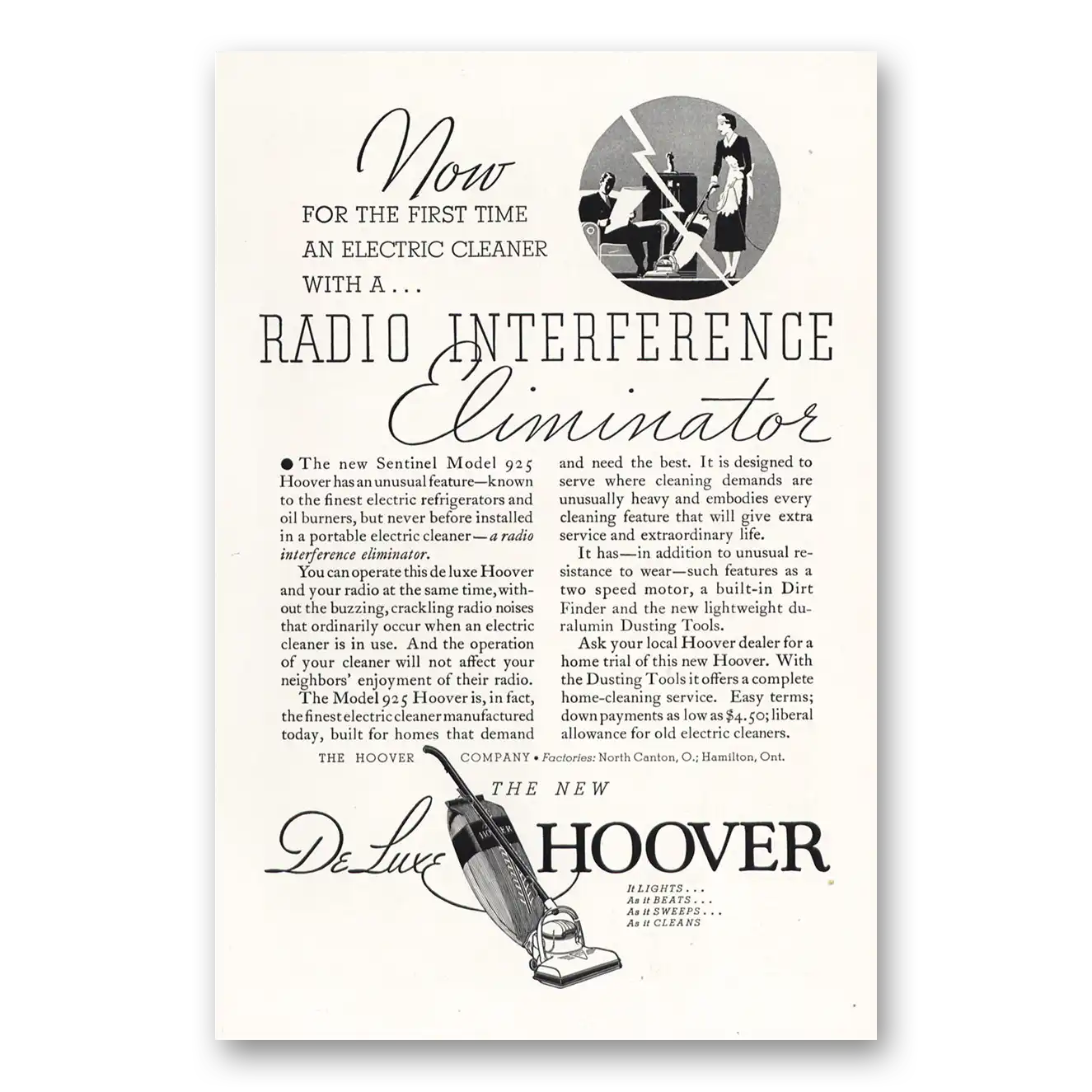 1934 Hoover Vacuum Radio Interference Eliminator Vintage Magazine Print Ad