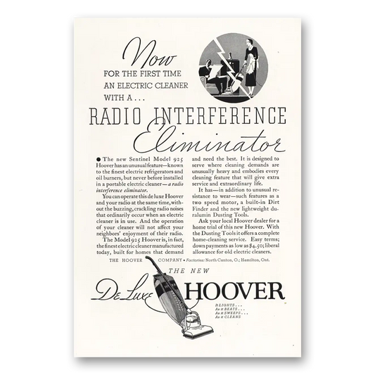 1934 Hoover Vacuum Radio Interference Eliminator Vintage Magazine Print Ad