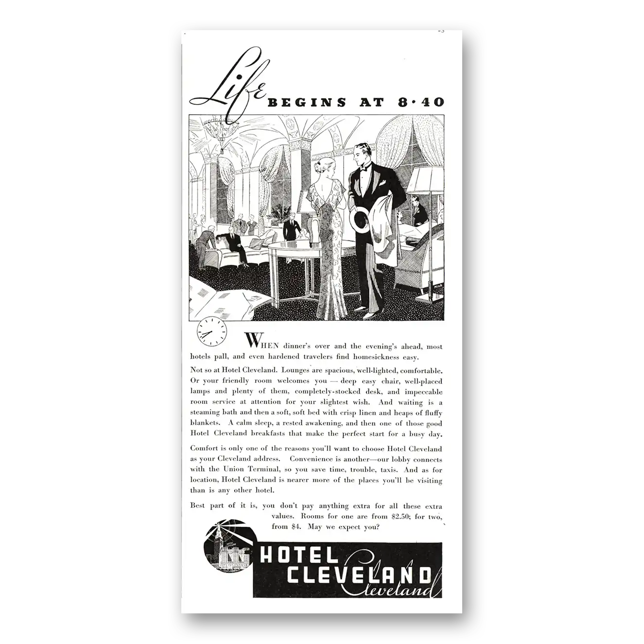 1934 Hotel Cleveland Life Begins At 840 Vintage Magazine Print Ad