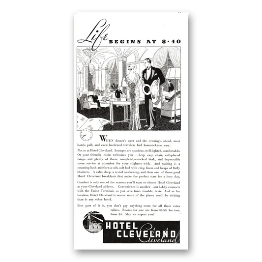 1934 Hotel Cleveland Life Begins At 840 Vintage Magazine Print Ad