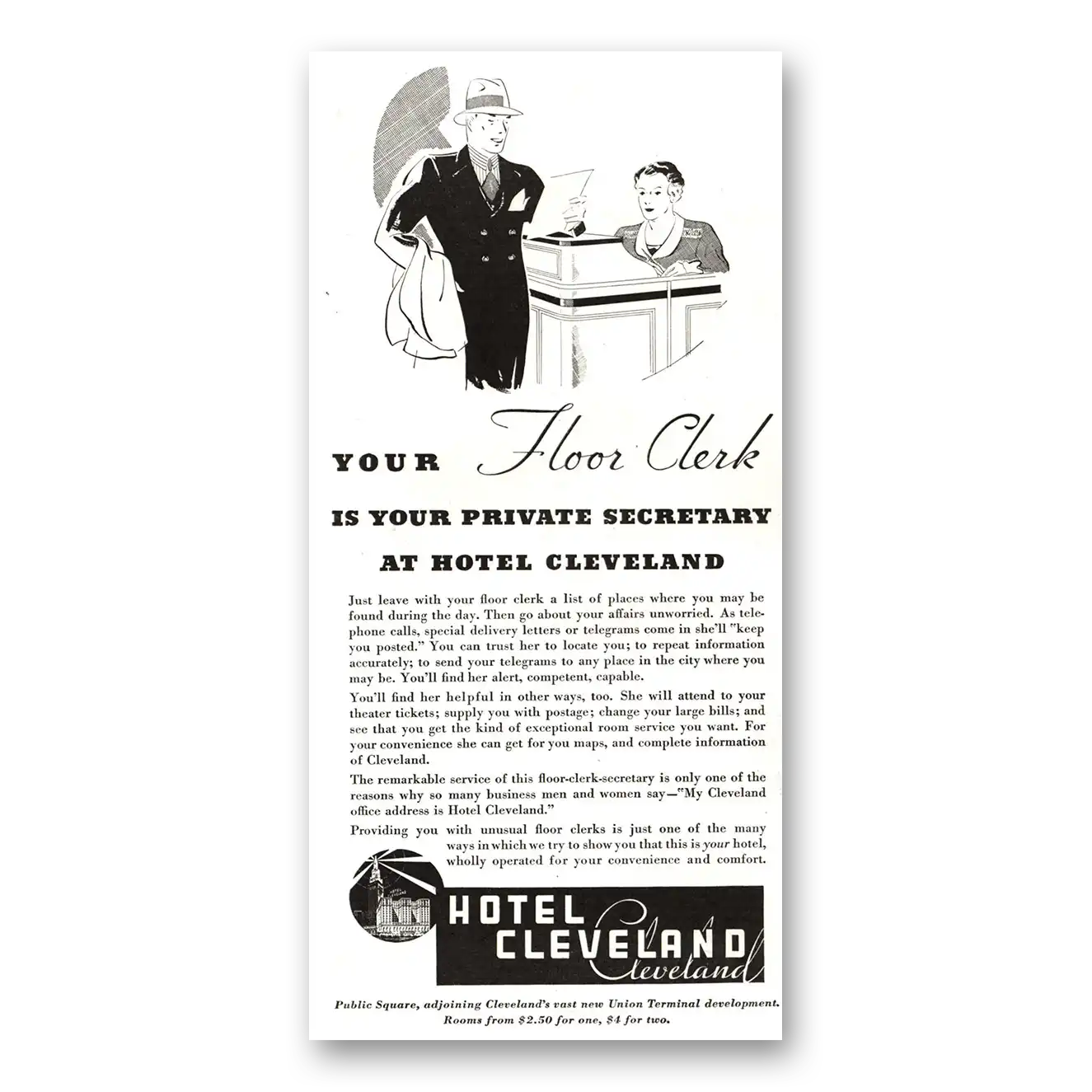 1934 Hotel Cleveland Floor Clerk Is Your Private Secretary Vintage Magazine Print Ad