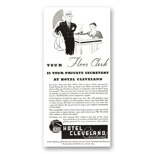 1934 Hotel Cleveland Floor Clerk Is Your Private Secretary Vintage Magazine Print Ad