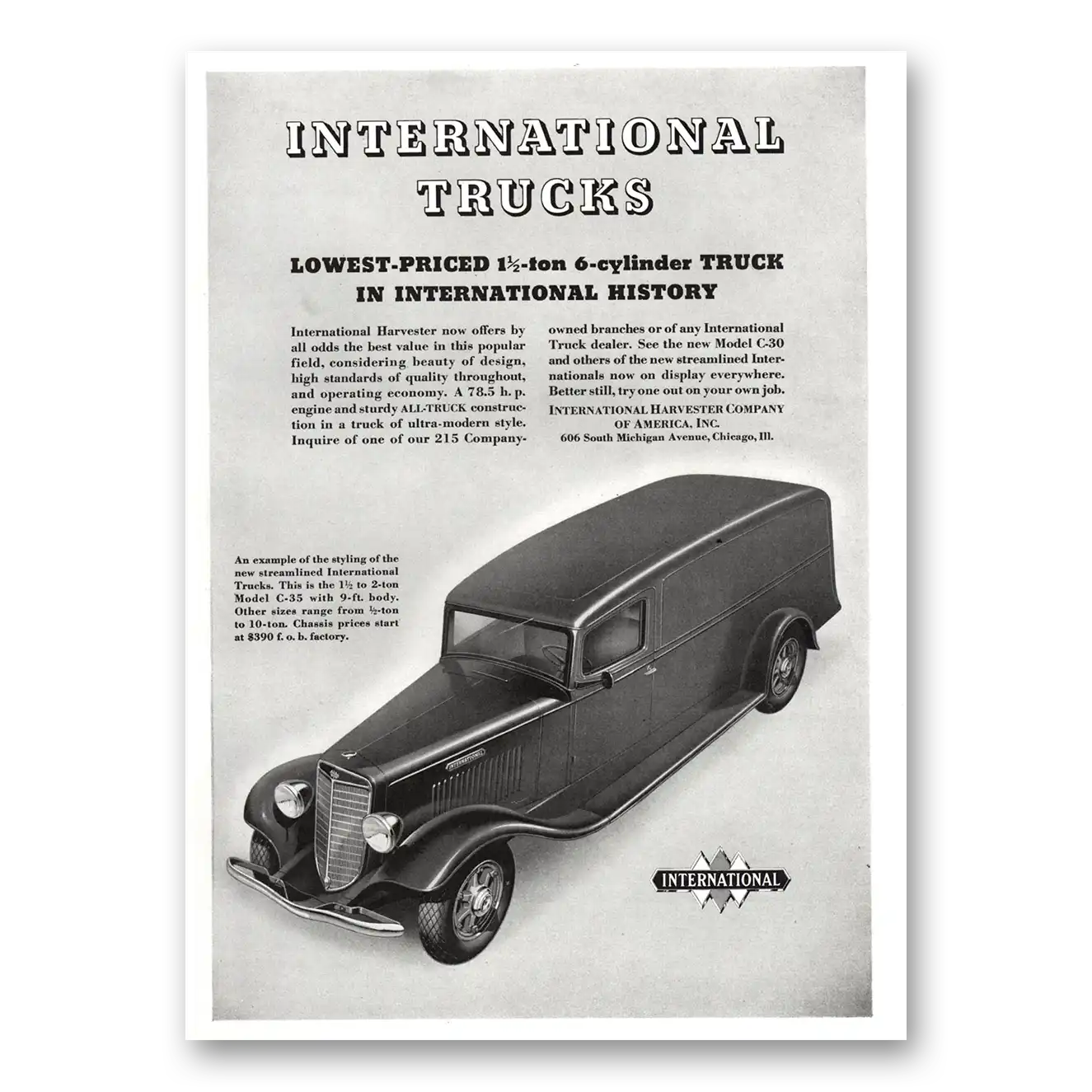 1934 International Trucks Now Offers By All Odds 6 Cylinder Vintage Magazine Print Ad