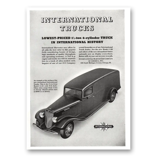 1934 International Trucks Now Offers By All Odds 6 Cylinder Vintage Magazine Print Ad