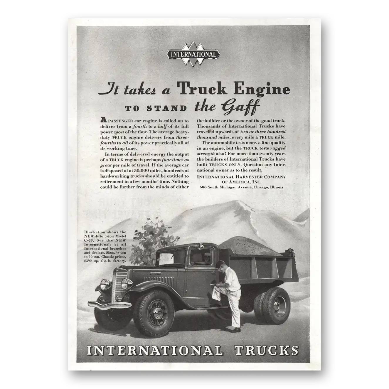 1934 International Trucks Truck Engine To Stand the Gaff Vintage Magazine Print Ad