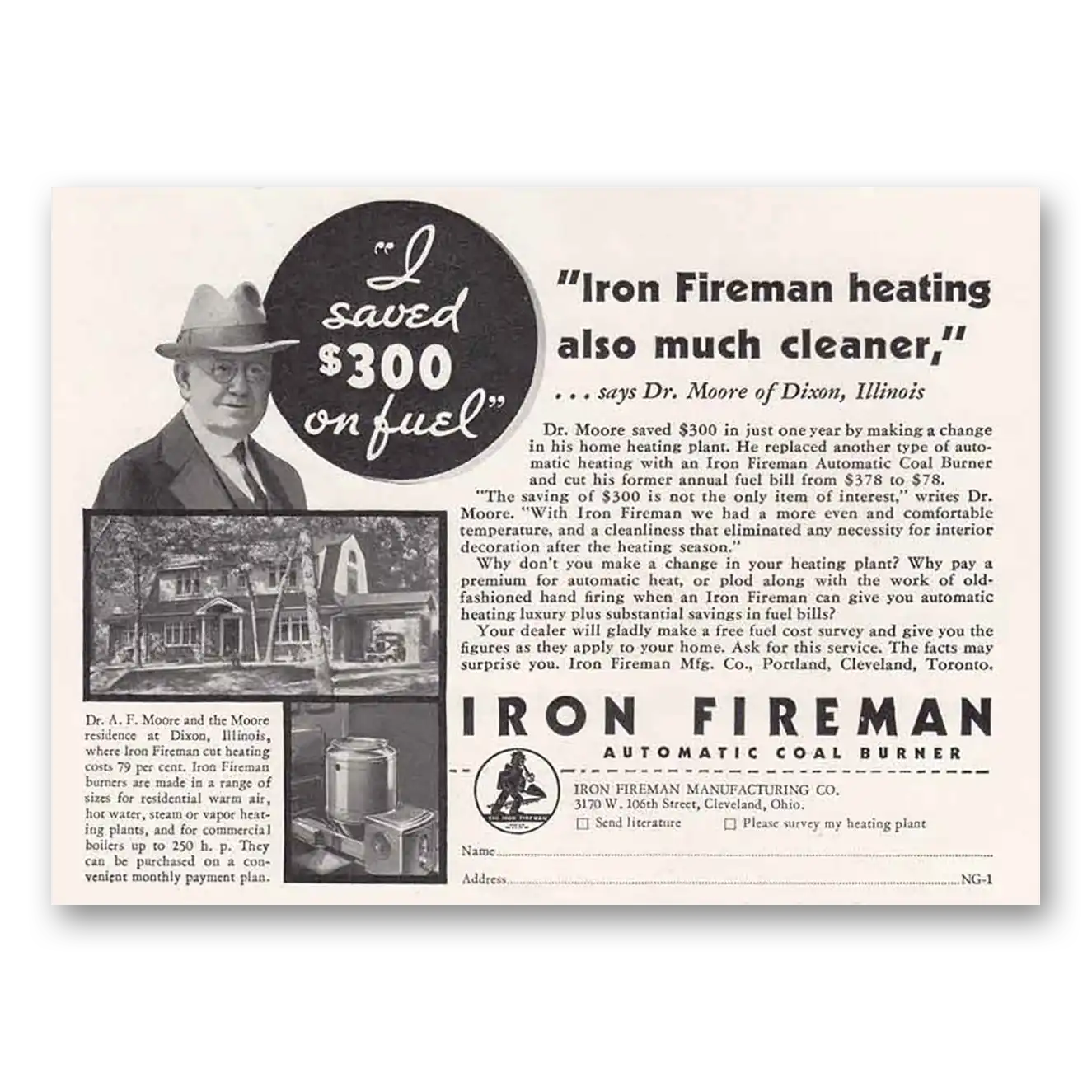 1934 Iron Fireman Heating Also Much Cleaner Vintage Magazine Print Ad