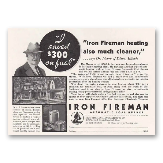 1934 Iron Fireman Heating Also Much Cleaner Vintage Magazine Print Ad