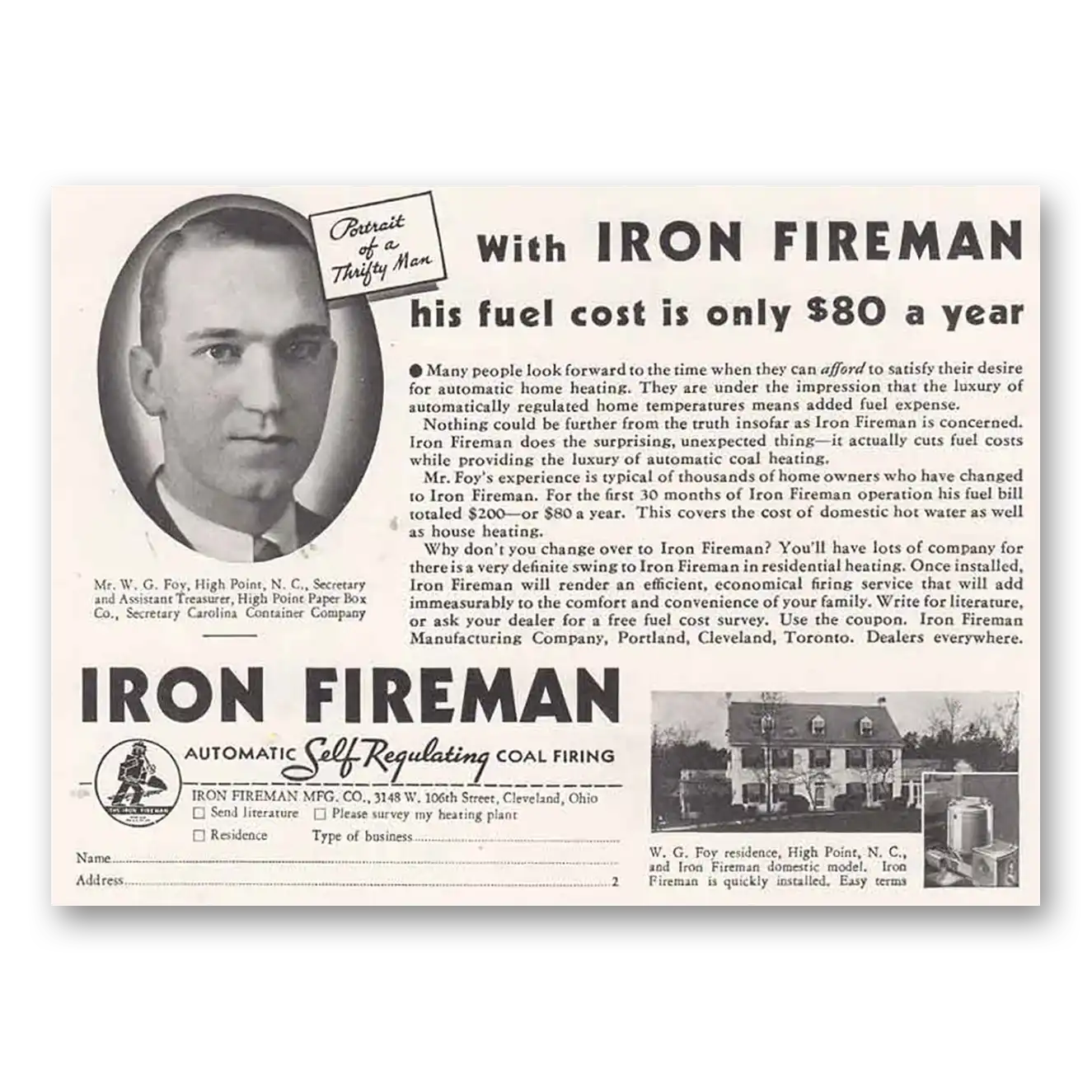 1934 Iron Fireman Self Regulating Coal Firing Thrifty Vintage Magazine Print Ad