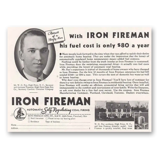 1934 Iron Fireman Self Regulating Coal Firing Thrifty Vintage Magazine Print Ad