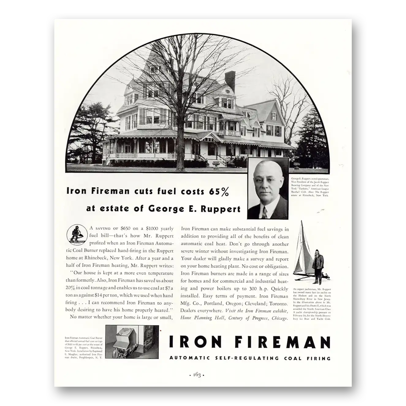 1934 Iron Fireman Estate of George E Ruppert Vintage Magazine Print Ad