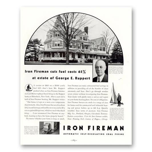 1934 Iron Fireman Estate of George E Ruppert Vintage Magazine Print Ad