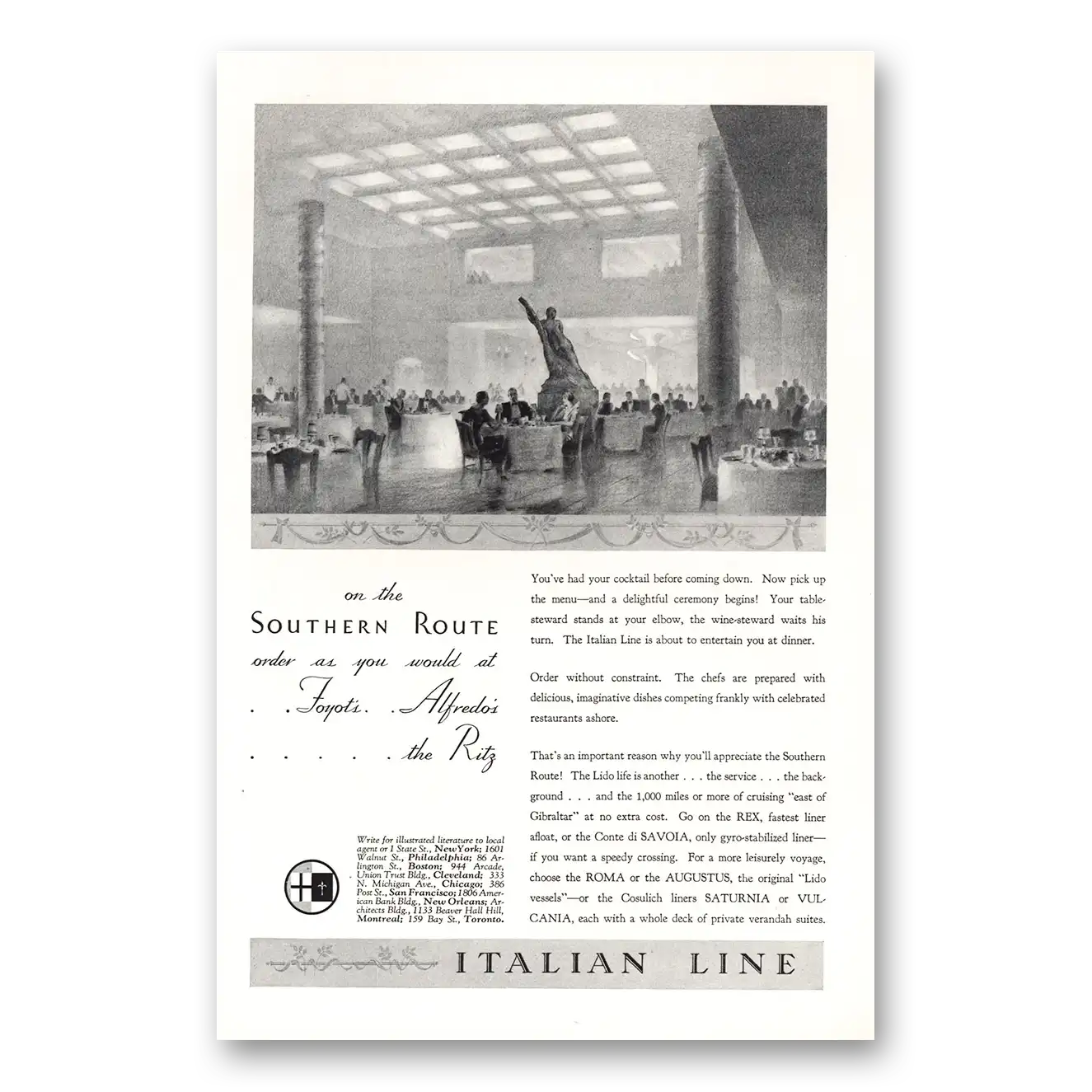 1934 Italian Line Southern Route Foyots Alfredos Ritz Vintage Magazine Print Ad