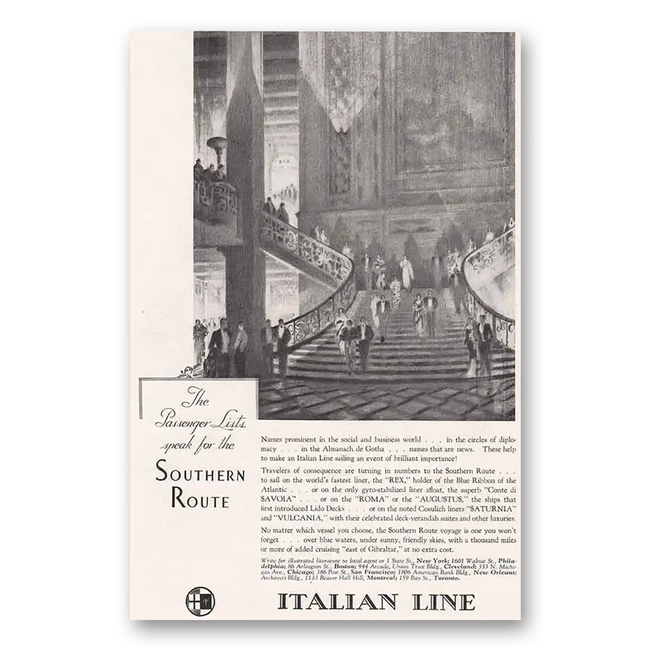 1934 Italian Line Passenger Lists Speak for the Southern Route Vintage Magazine Print Ad