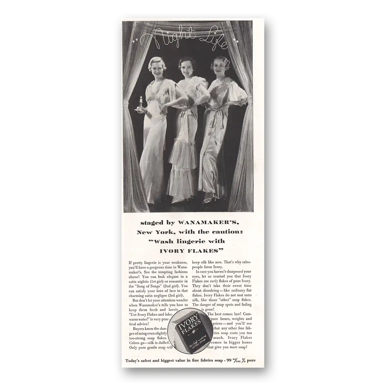 1934 Ivory Flakes Night Life Wanamakers Vintage Magazine Print Ad