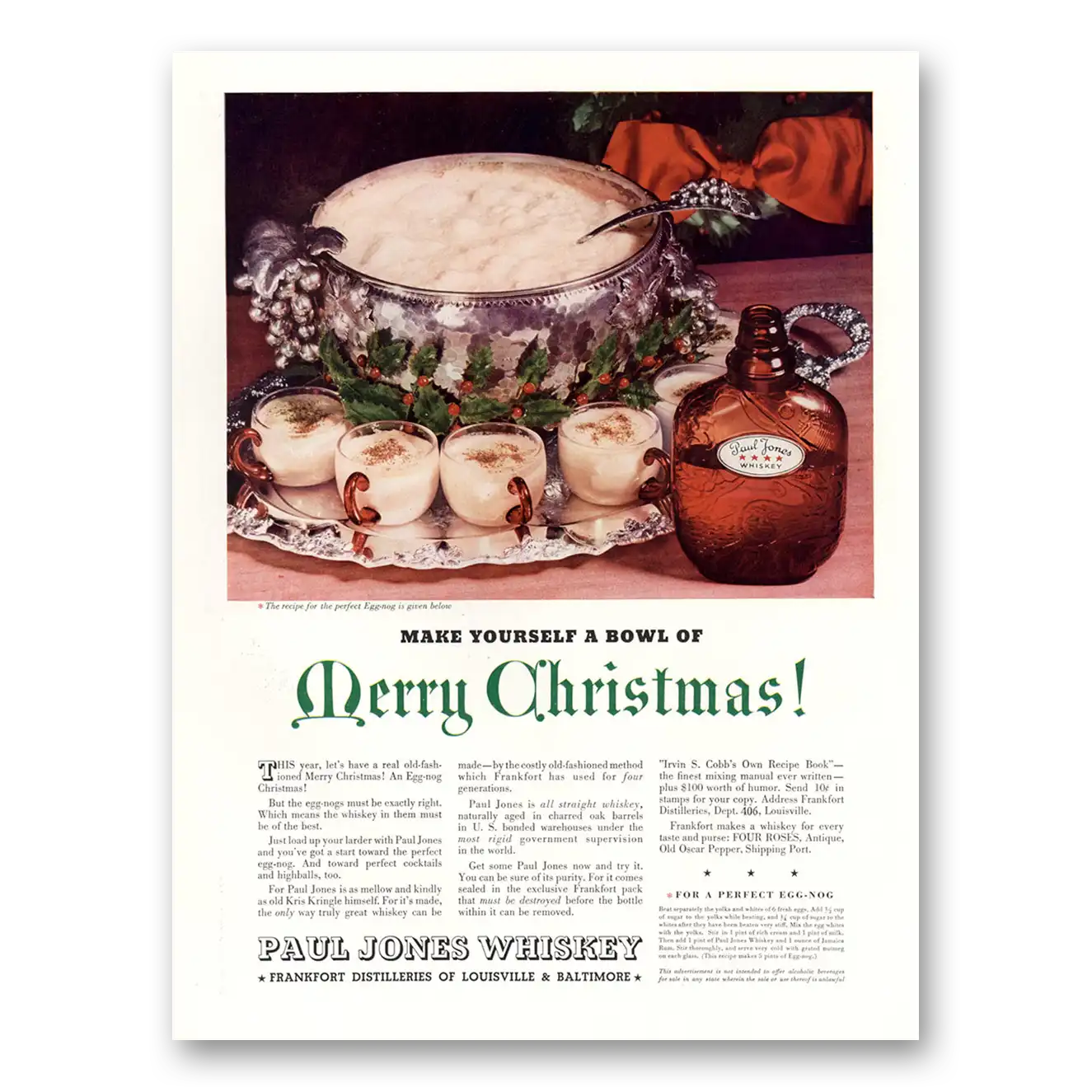 1934 Paul Jones Whiskey Make Yourself a Bowl of Merry Christmas Vintage Magazine Print Ad