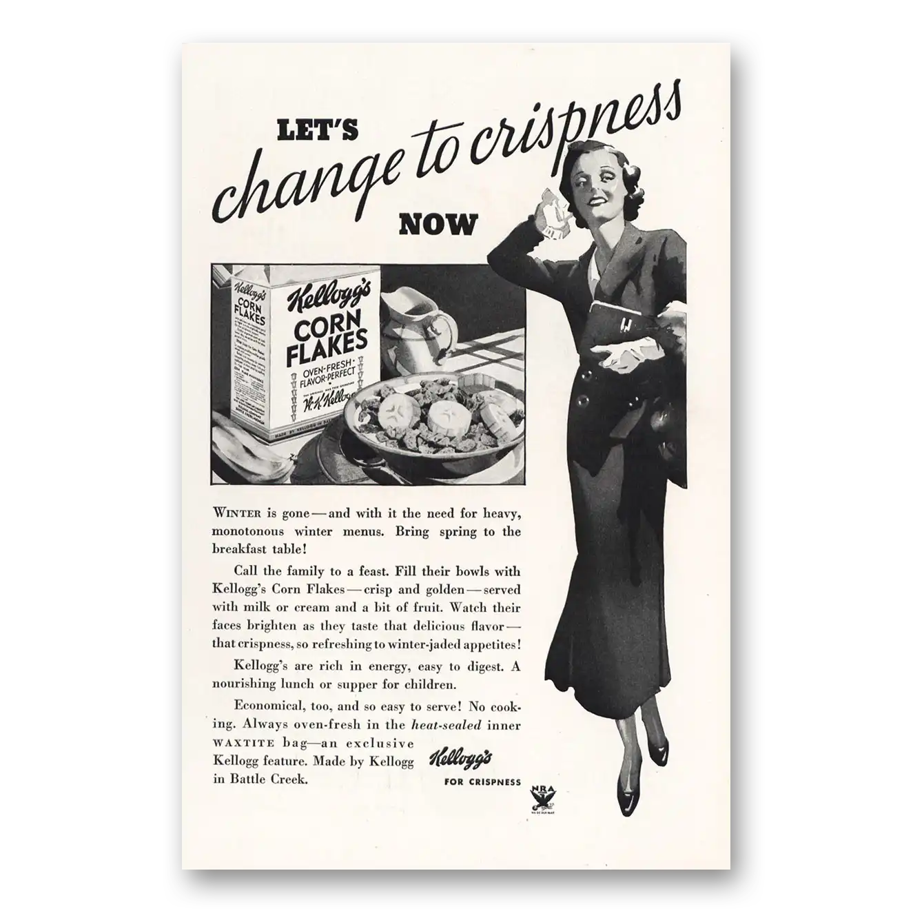 1934 Kelloggs Corn Flakes Change to Crispness Vintage Magazine Print Ad