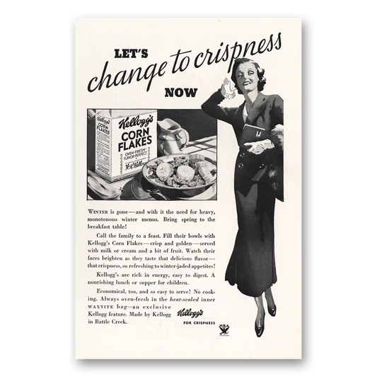 1934 Kelloggs Corn Flakes Change to Crispness Vintage Magazine Print Ad