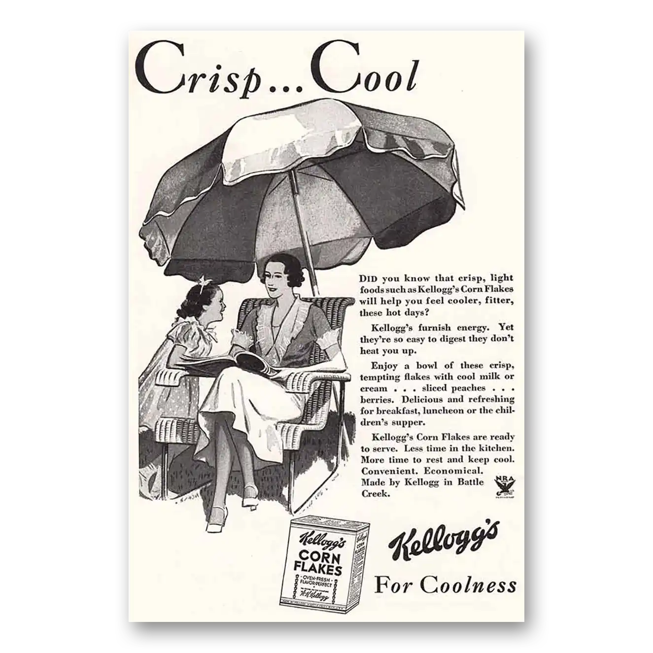 1934 Kelloggs Corn Flakes Crisp Cool Patio Umbrella Vintage Magazine Print Ad