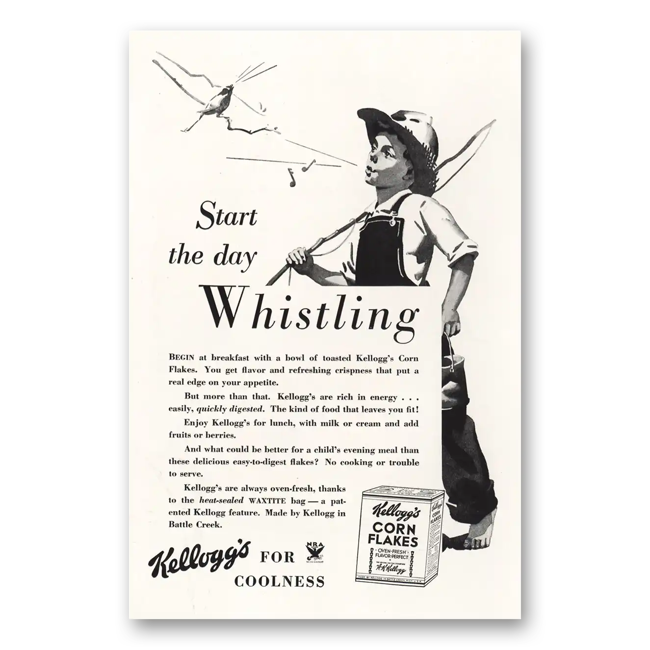 1934 Kelloggs Corn Flakes Start the Day Whistling Vintage Magazine Print Ad