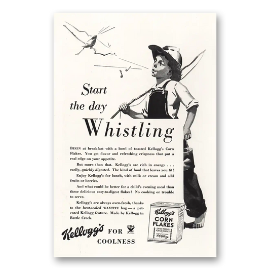 1934 Kelloggs Corn Flakes Start the Day Whistling Vintage Magazine Print Ad