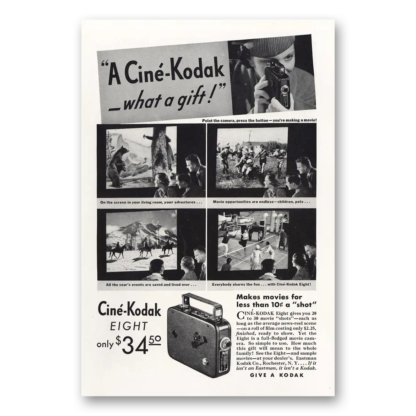 1934 Cine Kodak Eight Camera What a Gift Makes Movies for Less Vintage Magazine Print Ad