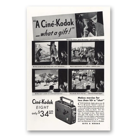 1934 Cine Kodak Eight Camera What a Gift Makes Movies for Less Vintage Magazine Print Ad