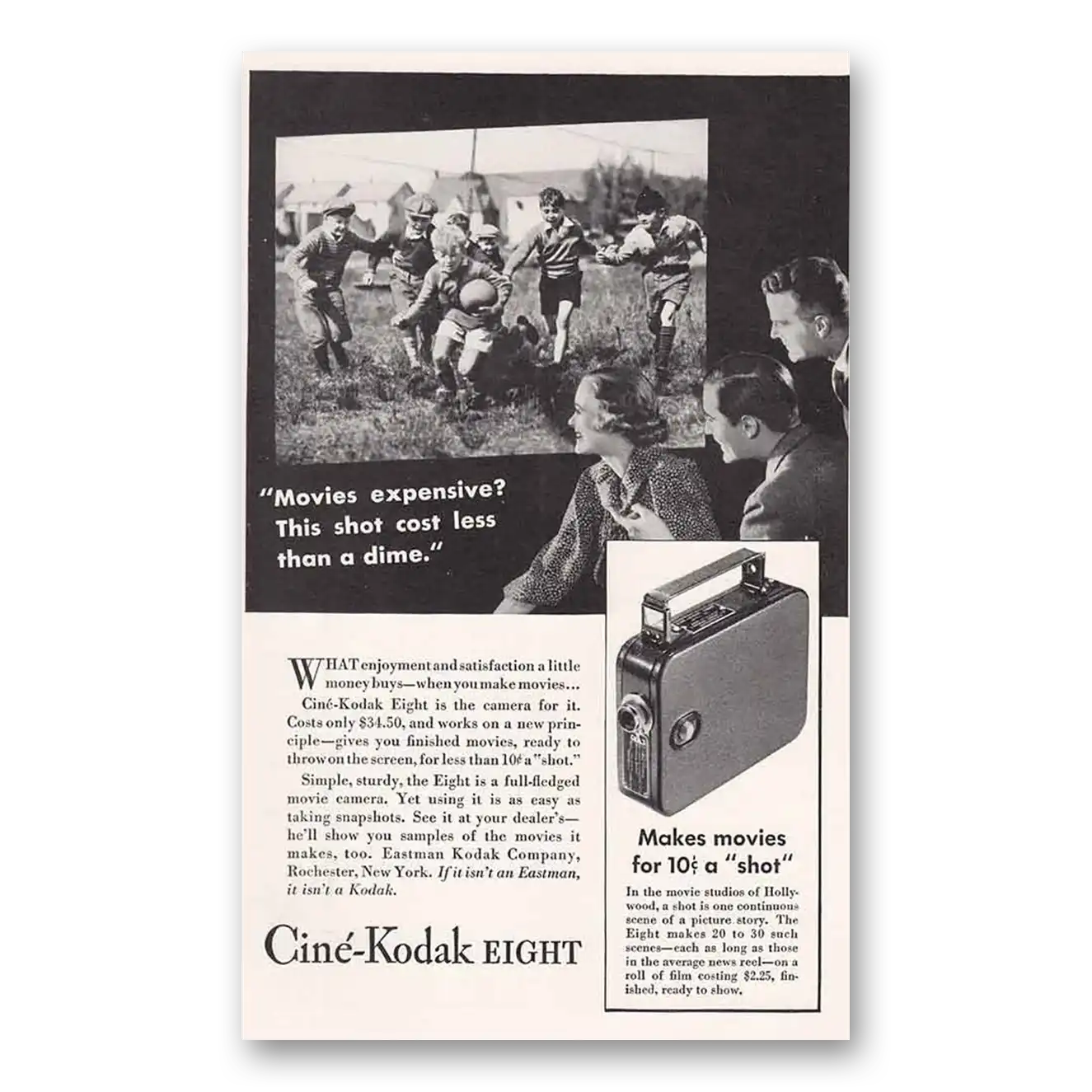 1934 Cine Kodak Eight Camera Football Kids Vintage Magazine Print Ad