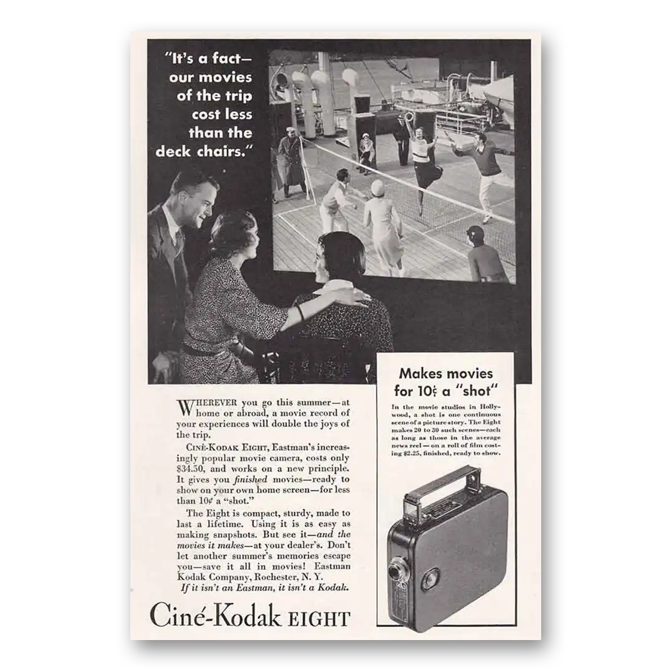 1934 Cine Kodak Eight Camera Cost Less Than the Deck Chairs Tennis Vintage Magazine Print Ad