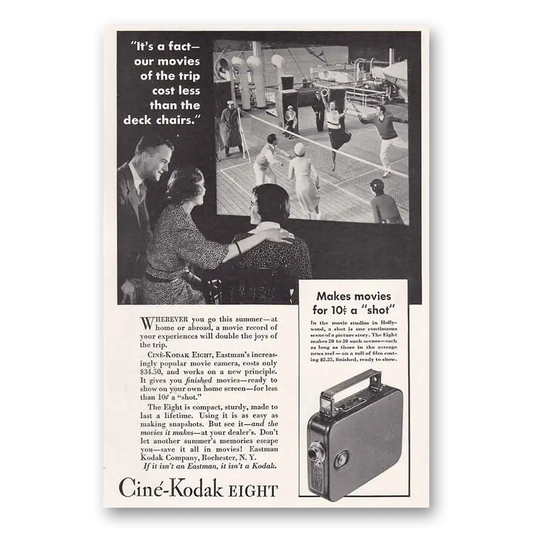 1934 Cine Kodak Eight Camera Cost Less Than the Deck Chairs Tennis Vintage Magazine Print Ad