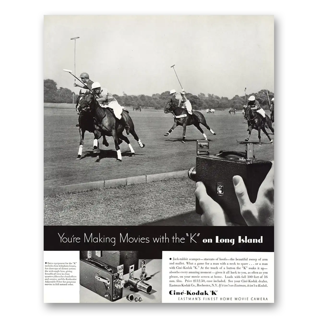 1934 Cine Kodak K Camera Making Movies With the K On Long Island Vintage Magazine Print Ad