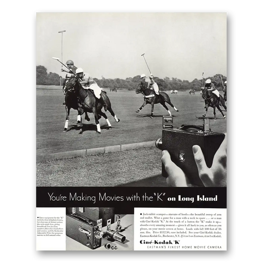 1934 Cine Kodak K Camera Making Movies With the K On Long Island Vintage Magazine Print Ad