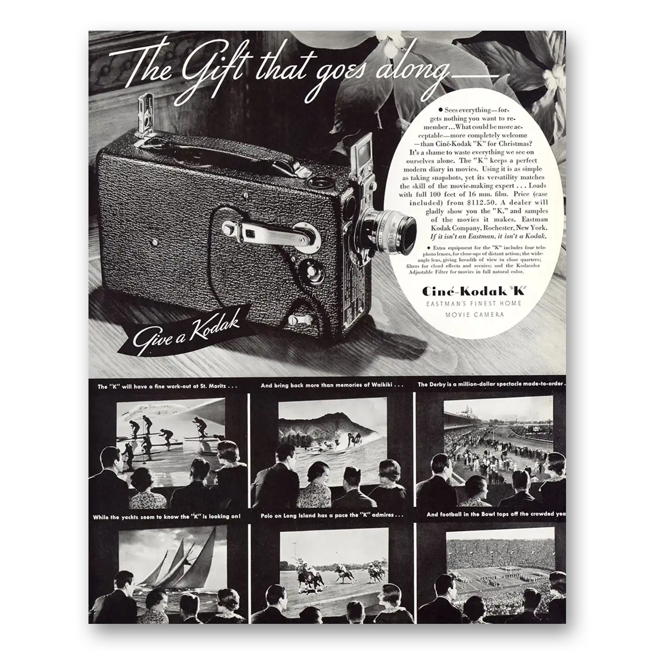 1934 Cine Kodak K Camera Gift That Goes Along Vintage Magazine Print Ad