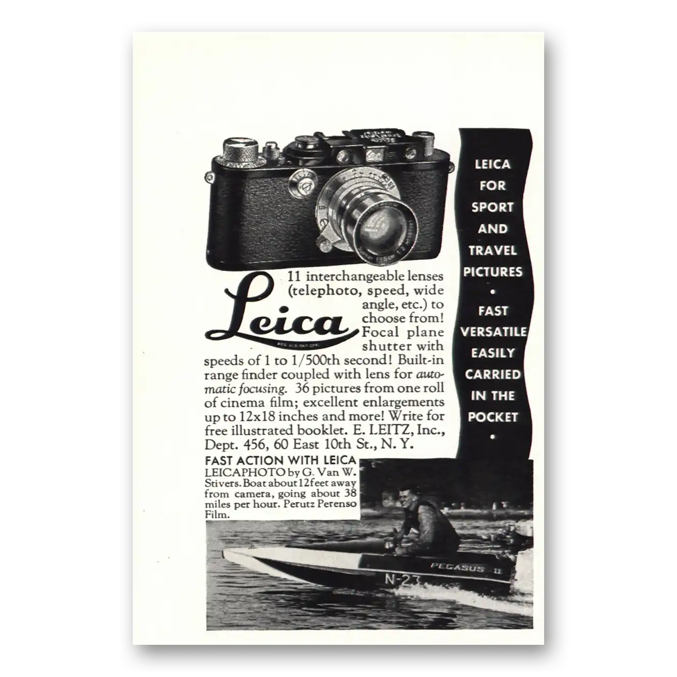 1934 Leica Cameras Camera For Sport and Travel Vintage Magazine Print Ad