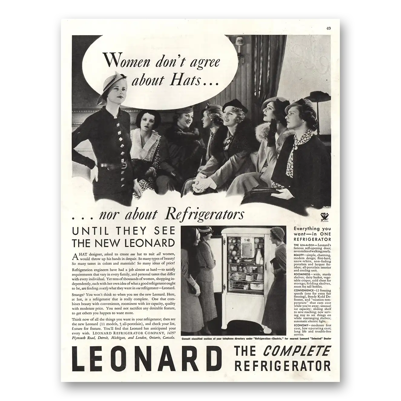 1934 Leonard Refrigerator Women Don’t Agree About Hats Vintage Magazine Print Ad