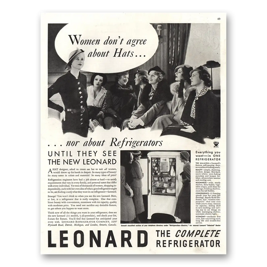 1934 Leonard Refrigerator Women Don’t Agree About Hats Vintage Magazine Print Ad