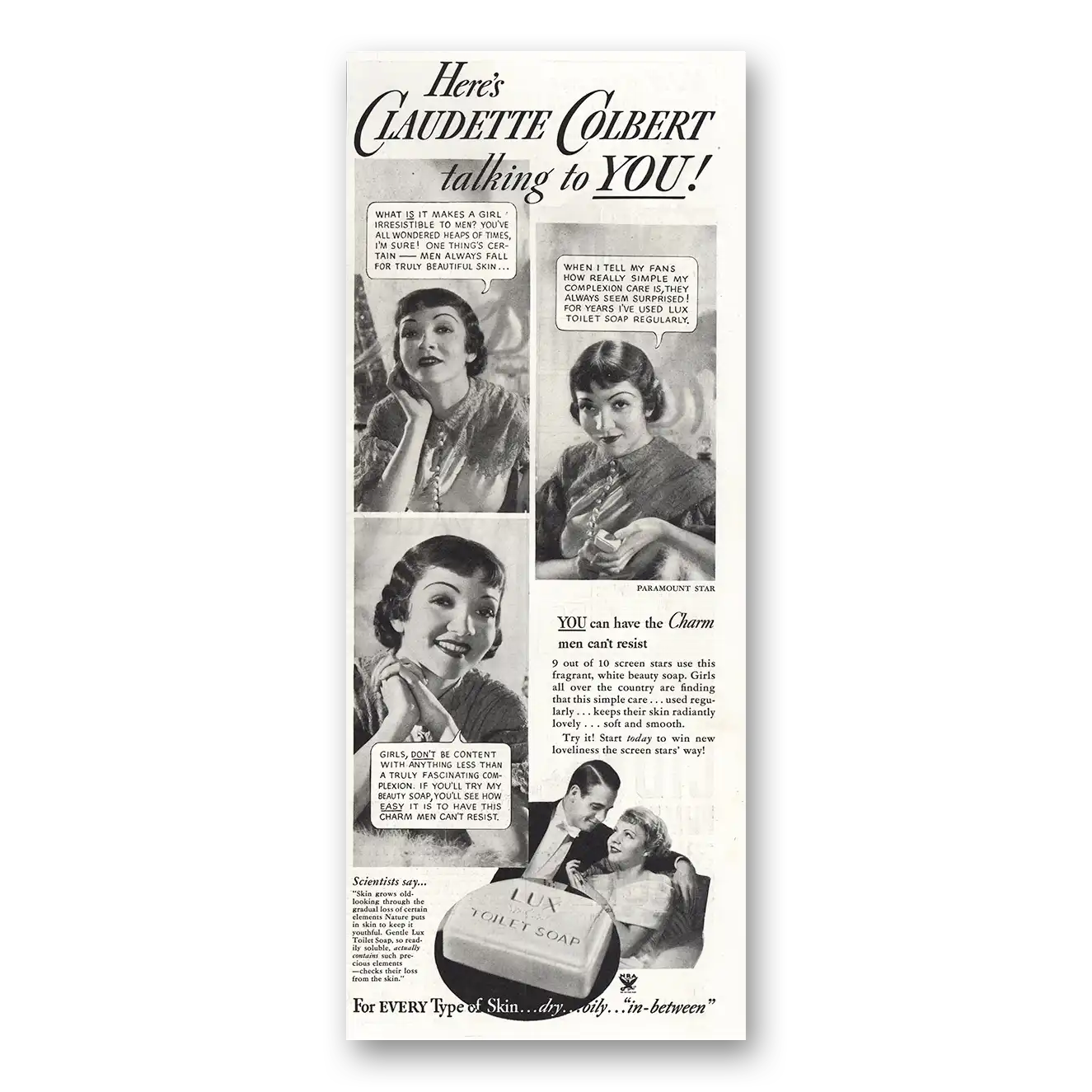 1934 Lux Soap Claudette Colbert Vintage Magazine Print Ad