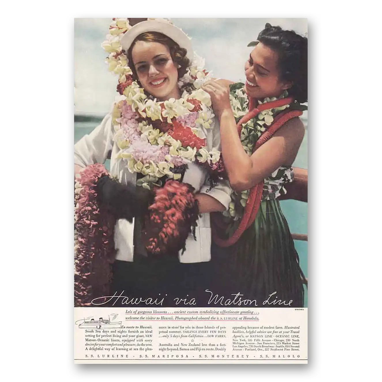 1934 Matson Line Leis of Gorgeous Blooms Vintage Magazine Print Ad