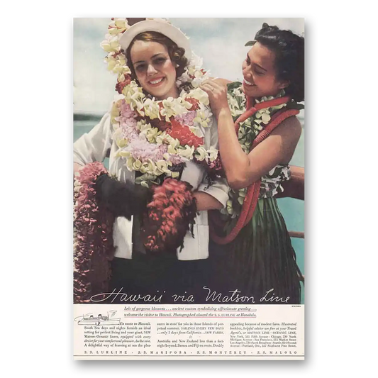 1934 Matson Line Leis of Gorgeous Blooms Vintage Magazine Print Ad