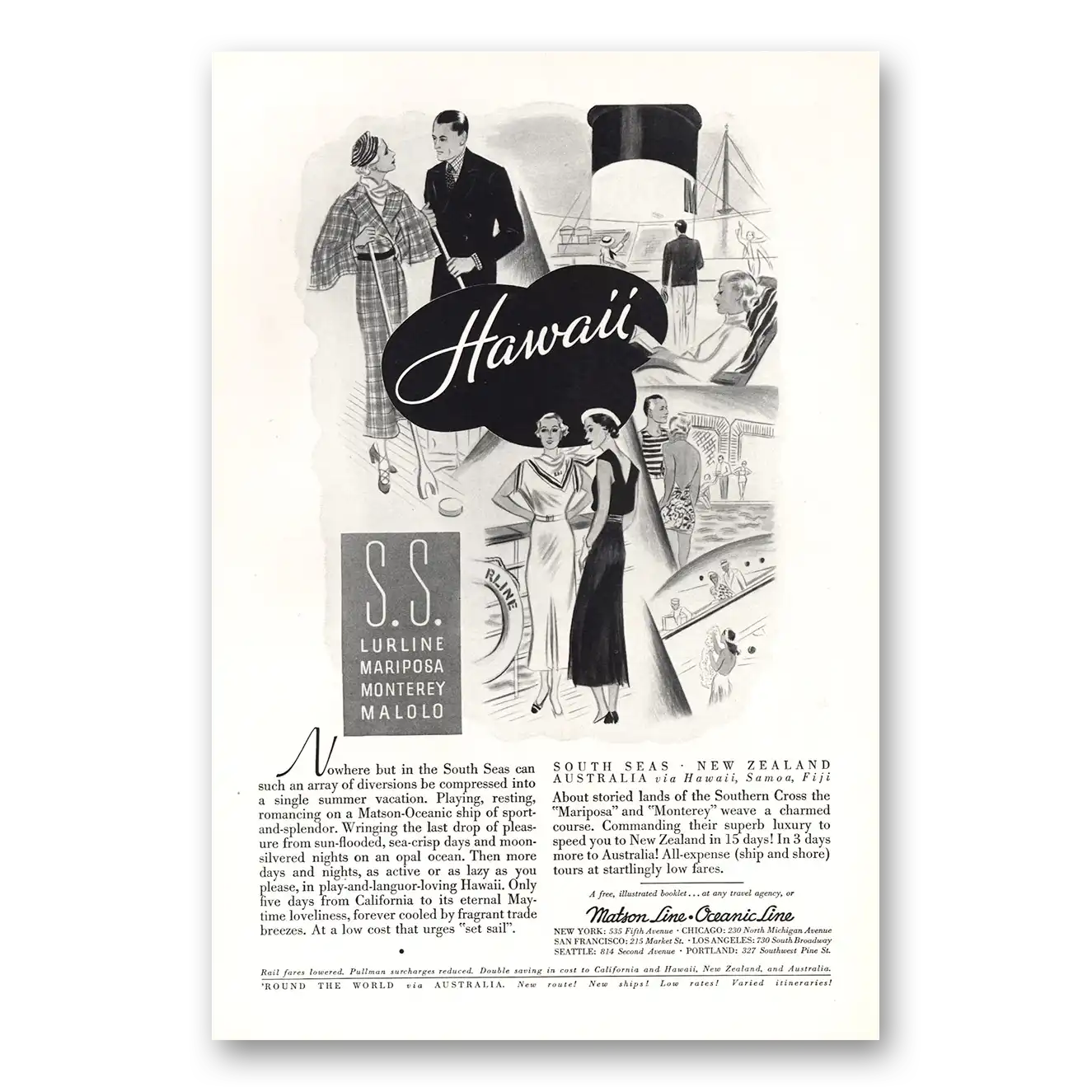 1934 Matson Line SS Lurline Mariposa Monterey Malolo Vintage Magazine Print Ad