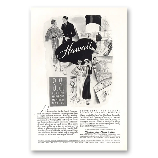 1934 Matson Line SS Lurline Mariposa Monterey Malolo Vintage Magazine Print Ad