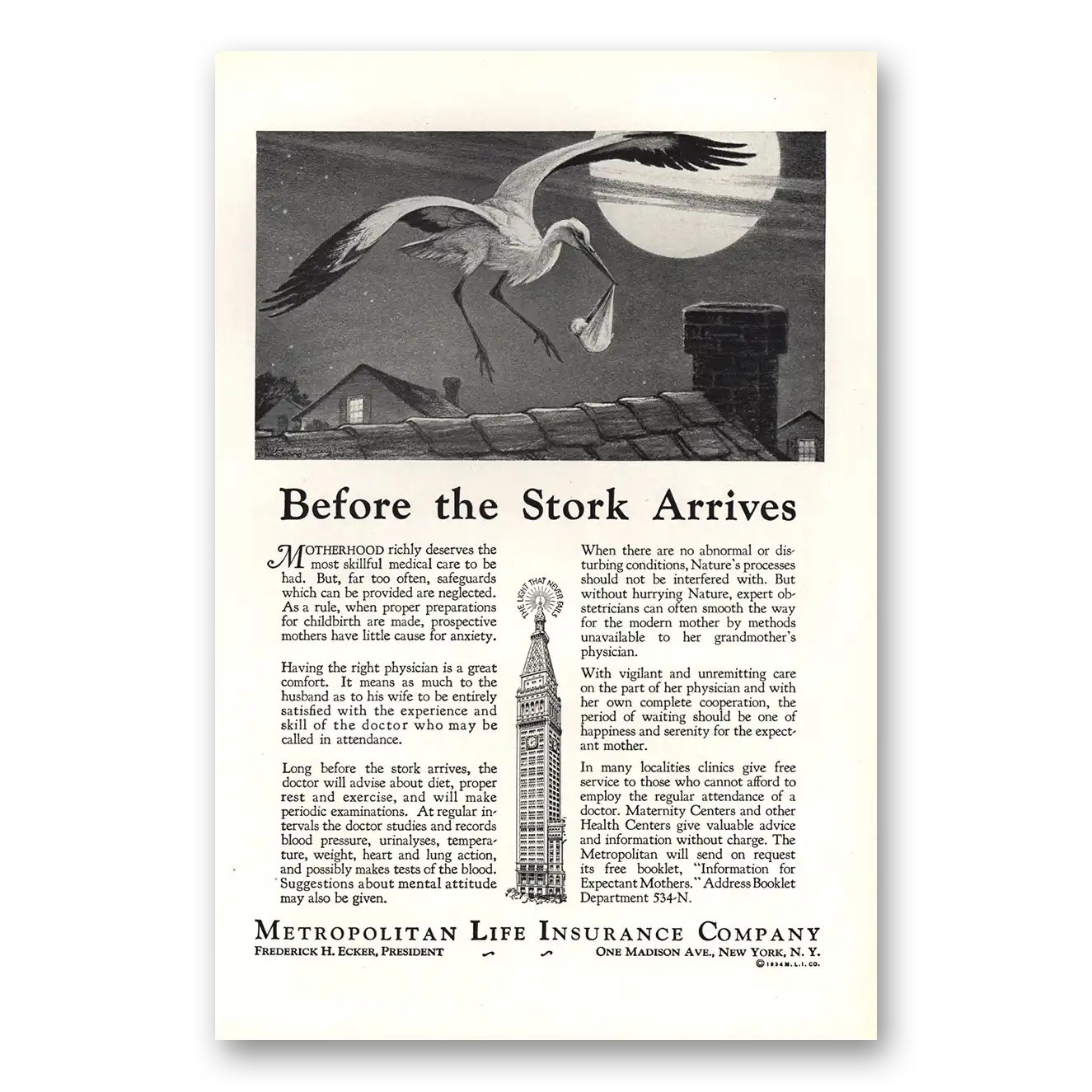 1934 Metropolitan Life Insurance Before the Stork Arrives Vintage Magazine Print Ad