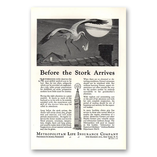 1934 Metropolitan Life Insurance Before the Stork Arrives Vintage Magazine Print Ad