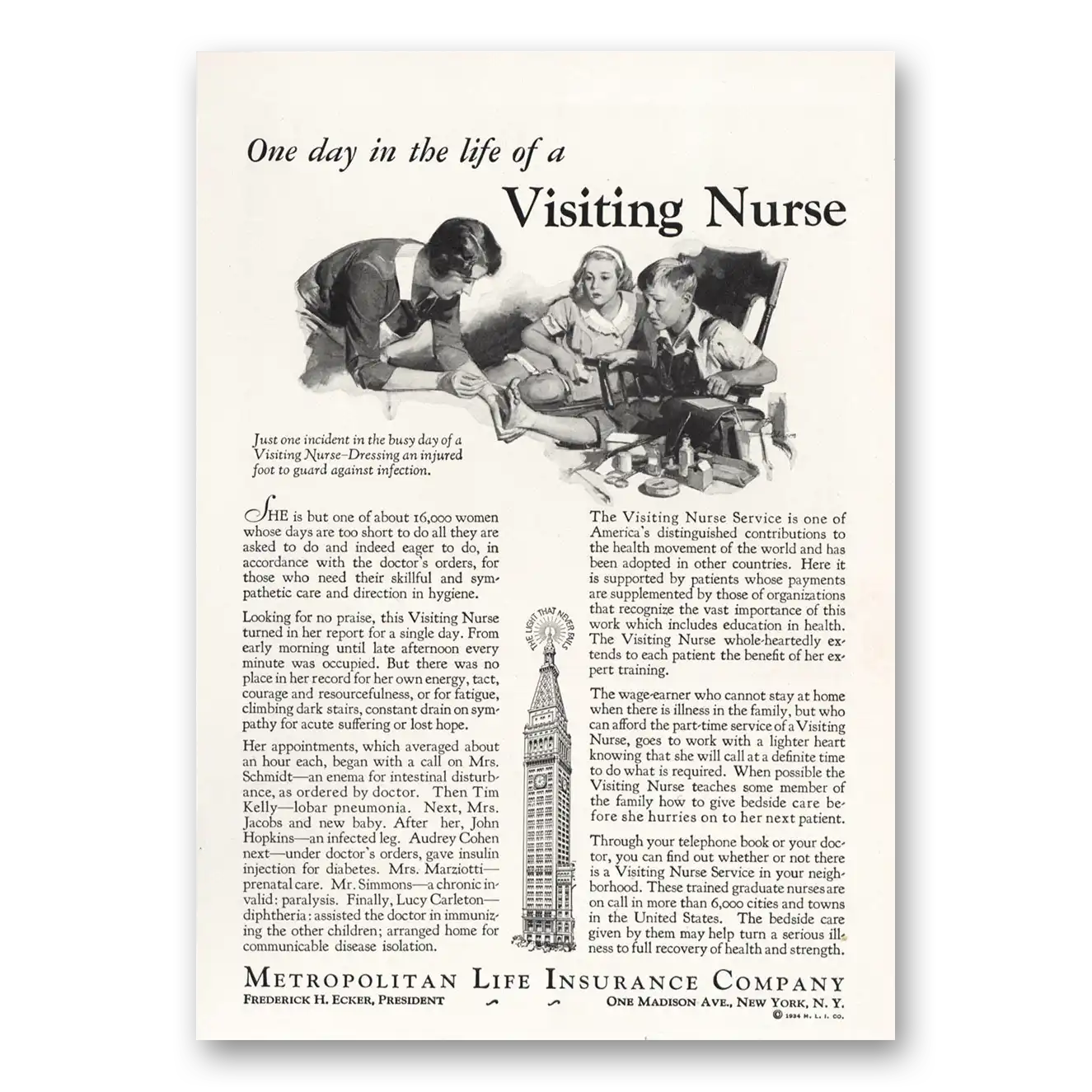 1934 Metropolitan Life Insurance One Day in the Life of Visiting Nurse Vintage Magazine Print Ad