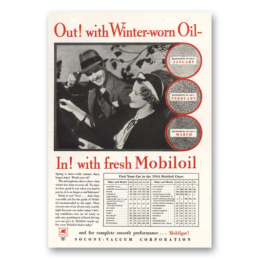 1934 Mobiloil Out With Winter Worn Oil Vintage Magazine Print Ad