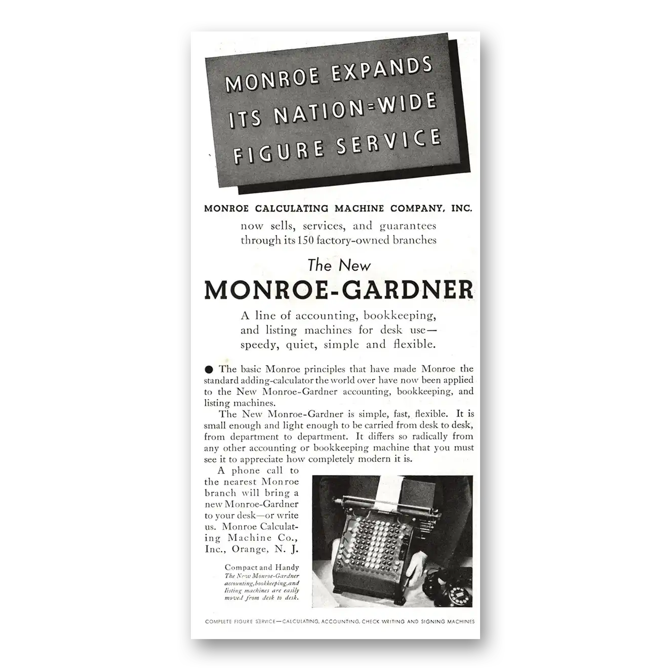 1934 Monroe Calculating Machines Gardner Adding Machine Nation Wide Figure Service Vintage Magazine Print Ad