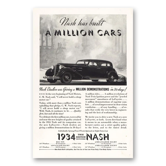 1934 Nash Motors Has Built a Million Cars Demonstrations Vintage Magazine Print Ad