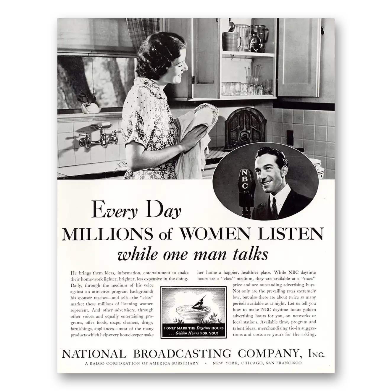 1934 NBC National Broadcasting Every Day Millions of Women Listen Vintage Magazine Print Ad