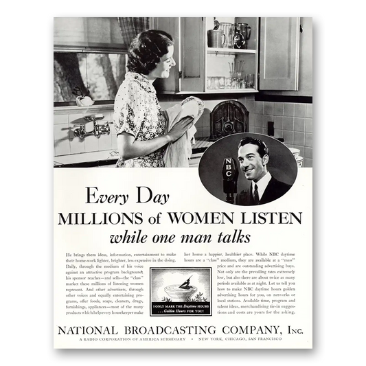 1934 NBC National Broadcasting Every Day Millions of Women Listen Vintage Magazine Print Ad