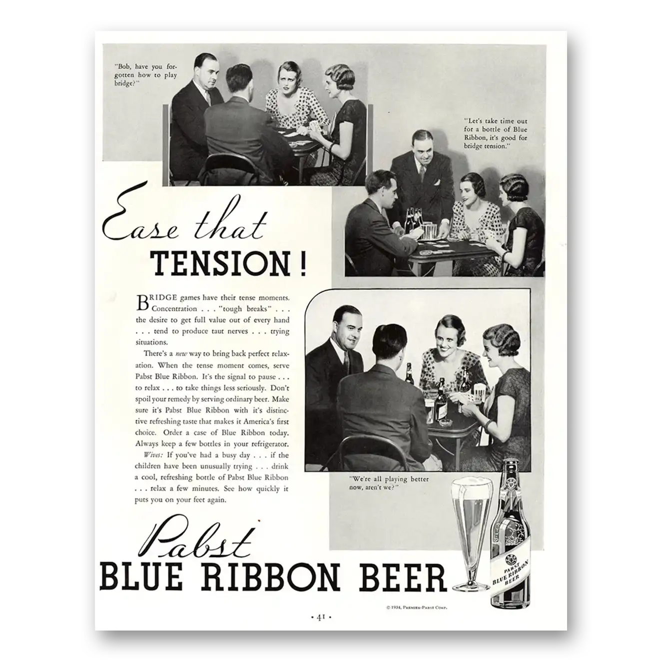 1934 Pabst Blue Ribbon Beer Ease That Tension Vintage Magazine Print Ad