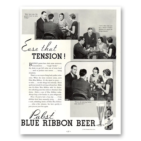 1934 Pabst Blue Ribbon Beer Ease That Tension Vintage Magazine Print Ad